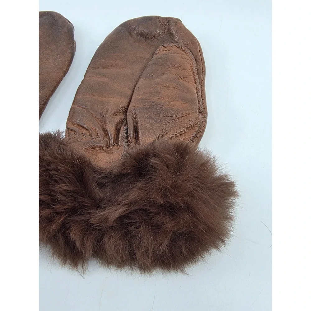Vintage Brown Leather Mittens Rabbit Fur Trim Winter Gloves Warm Lined Child